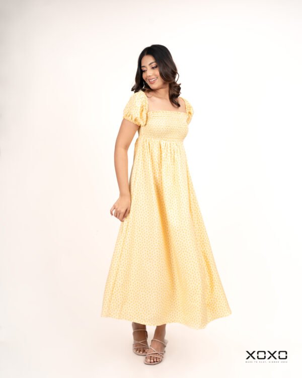 Yellow Smocked Puff-Sleeve Dress
