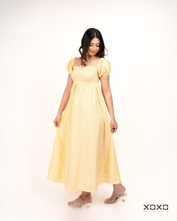 Yellow Smocked Puff-Sleeve Dress